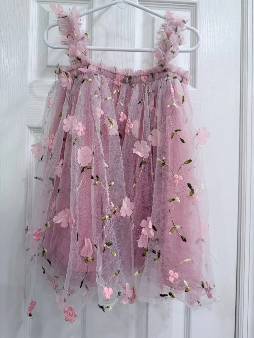 Pink Floral Embroidered Tulle Dress Girls Toddler Fairy Princess Cottagecore